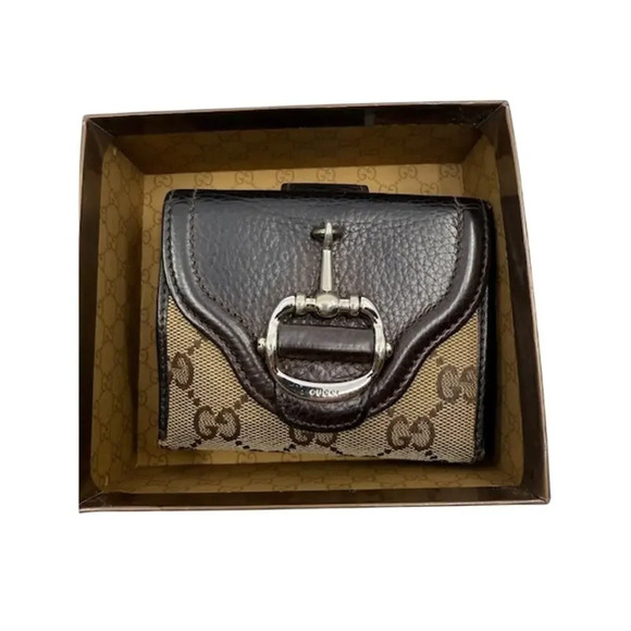 Authentic Gucci Monogram Horsebit Snap Closure Wallet Brown With Box Womens